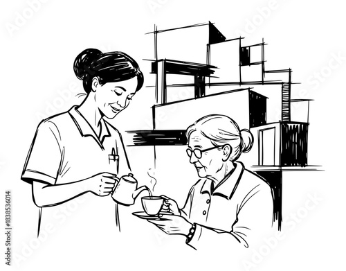 nurse serving tea to senior woman sketch vector