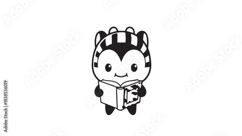 Cute cartoon penguin character reading a book in black and white illustration.