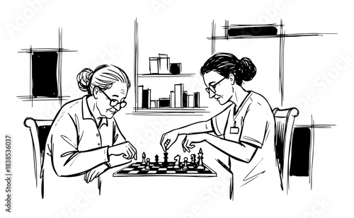 elderly women playing chess board game sketch vector