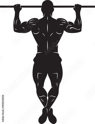 Muscular man's silhouette performing an intense pull-up exercise, highlighting powerful back and arm muscles, fitness and training concept