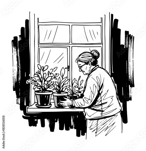 elderly woman gardening planting flowers sketch vector