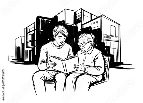 young man reading book to senior sketch vector