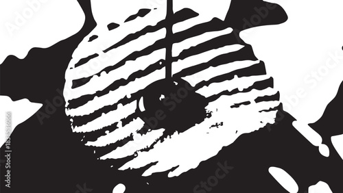 Abstract black and white circular motif with geometric lines and texture in monochrome art.