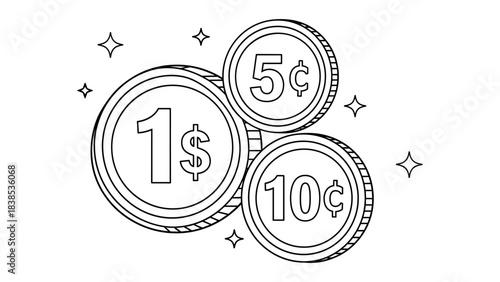 Monochrome coin design featuring stars and currency symbols
