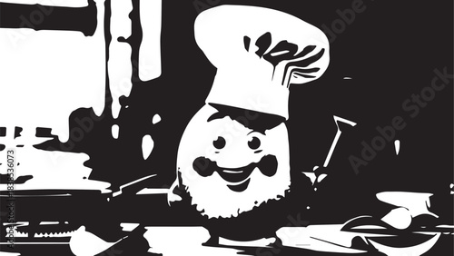 Playful monochrome illustration of a smiling chef at work in a kitchen.