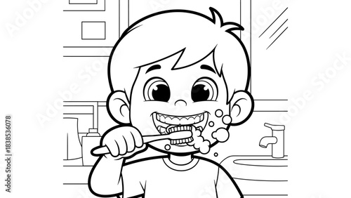 Happy child brushing teeth in bathroom: fun hygiene outline art for kids