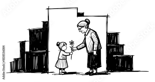 granddaughter giving flower to grandma sketch vector