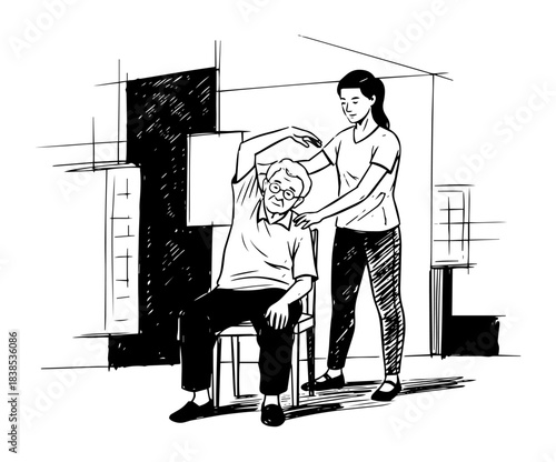 therapist giving elderly man neck massage sketch vector