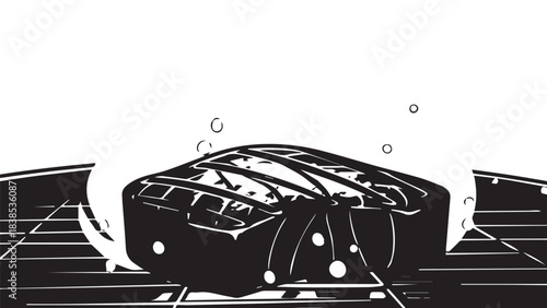 Silhouette of a modern stadium with curved roof and empty stands, captured in monochrome at dusk.