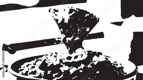 High-contrast monochrome still life featuring a plate with food and cutlery.