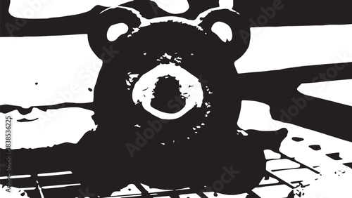 High contrast black and white teddy bear silhouette illustration with round ears.