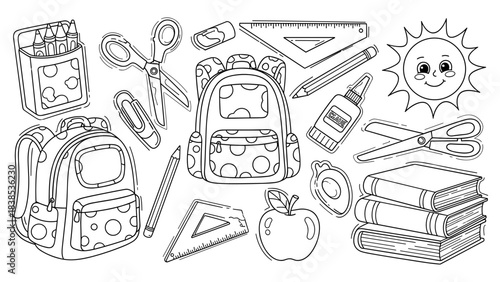 Black and white doodle of school supplies with backpacks and books