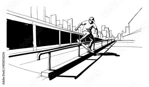skateboarder grinding rail in city extreme sport vector silhouette
