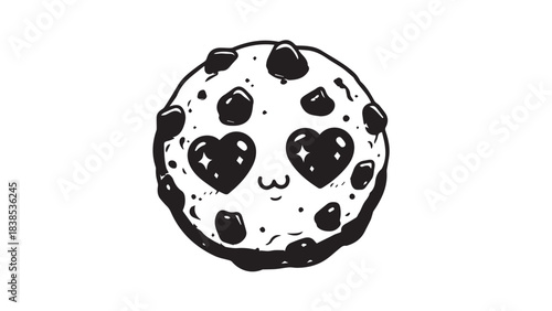 Whimsical panda cookie illustration with cute facial features in black and white, playful and charming.
