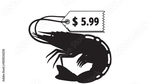 Monochrome shrimp with price tag illustration advertising seafood dish.