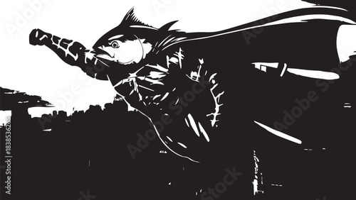 High-contrast silhouette of a cape-wearing action figure leaping in a dramatic monochrome scene.