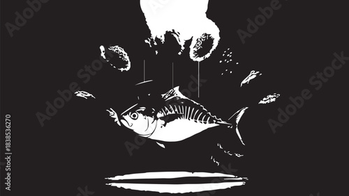 Stylized fish jumping over water with splash droplets in high contrast illustration.
