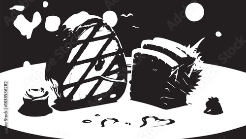 High-contrast abstract black and white still life featuring fruits and everyday objects.