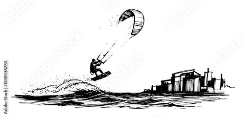 kitesurfing jump on the sea extreme water sport vector black shape