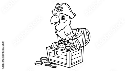 Pirate parrot on treasure chest with jewels and coins in black and white outline art