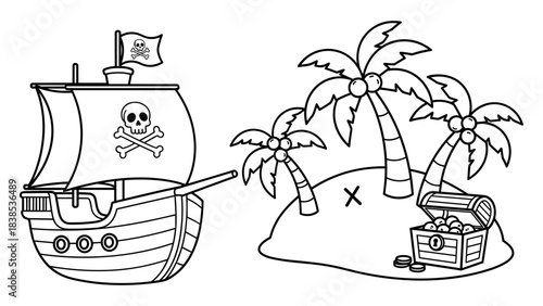 Pirate adventure: treasure island with pirate ship, palm trees, and treasure chest