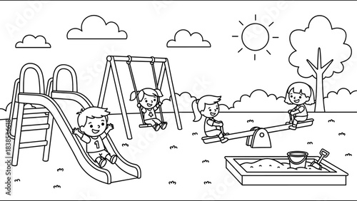 Children playing in playground line art with swings and slide