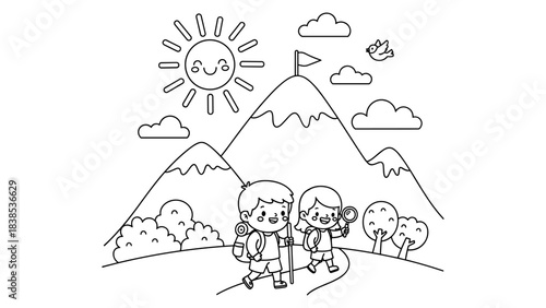 Children hiking adventure in nature with mountain landscape in line art style