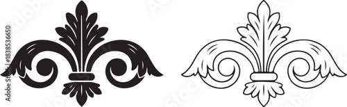 Classic ornamental fleur-de-lis and acanthus scroll element set. elegant vintage heraldic decorative vector illustration.