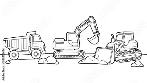 Construction equipment line art: excavator, bulldozer, and dump truck