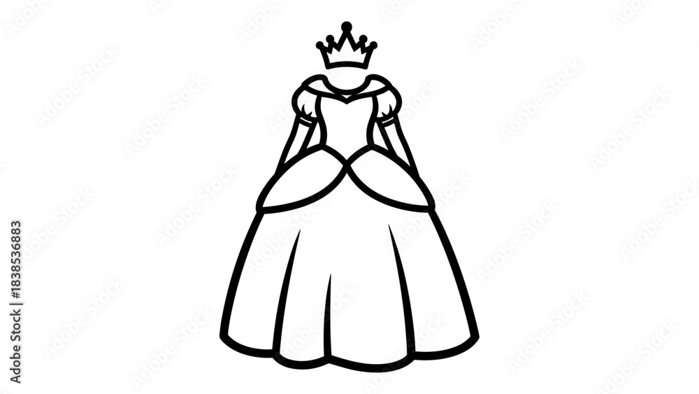 Fototapeta premium Princess gown outline with crown in elegant line art style