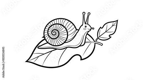 Inky snail on leaf: delicate black and white minimalist design