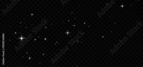 White dust sparkles and glowing star trail with magical glitter on dark transparent background.