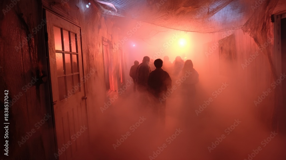 Fototapeta premium A group of people walks through a fog filled hallway. Red and orange lights create shadows on the walls adding to the spooky atmosphere of the event.