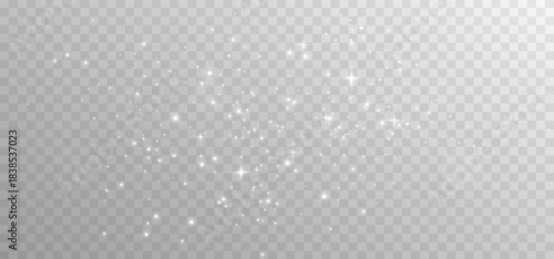White dust sparkle and glowing star trail with magical glitter on transparent background, elegant vector light effect for holidays.