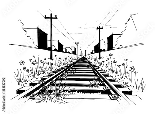 old railway tracks perspective sketch vector