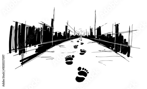 urban street with footprints sketch vector