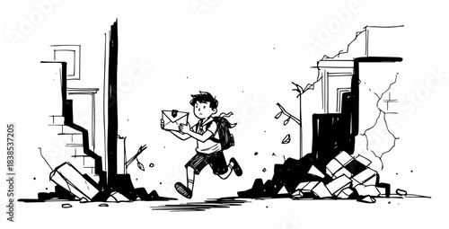 child running through ruins sketch vector