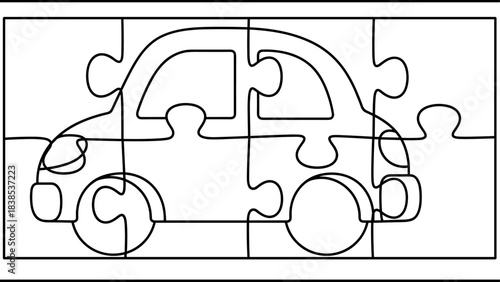 Outline car puzzle design in minimalist jigsaw style