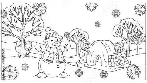 Winter wonderland coloring page with snowman and children building igloo