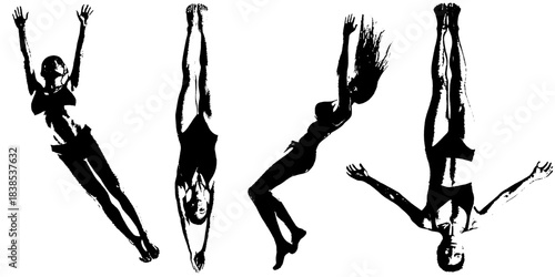 Falling Women Silhouette Set, High-Contrast Retro Xerography Dramatic Motion Figures on Transparent Background