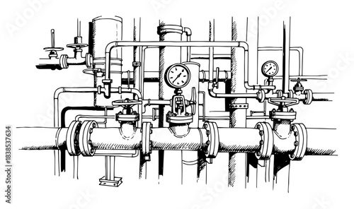 industrial pipe system with gauges vector shape silhouette
