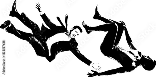 Falling Men Silhouette Duo, High-Contrast Retro Xerography Dramatic Motion Scene on Transparent Background