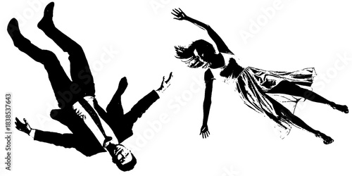 Falling Man and Woman Silhouettes, High-Contrast Retro Xerography Dramatic Scene on Transparent Background