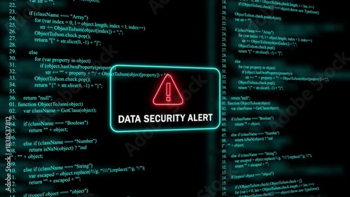 Red Exclamation Mark Warning Symbol data security alert Neon Sign on cyan Digital Code Background with Glitch Effect