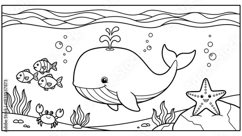 Underwater adventure with happy whale and friends in playful black and white
