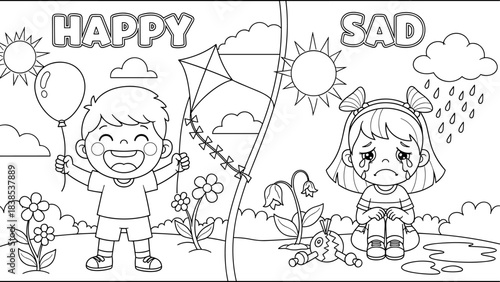 Happy and sad coloring page for kids: emotions and weather