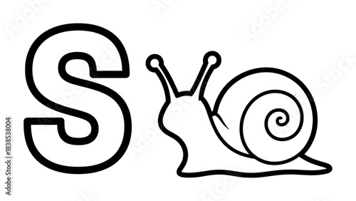 Alphabet letter s with snail outline design for kids' learning games