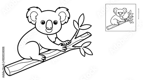 Cute cartoon koala outline on tree branch for coloring pages