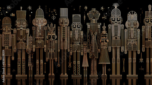 A collection of nutcracker figures depicted in a minimalistic and linear style, with golden lines on a dark background.