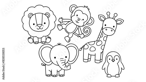 Cute cartoon jungle animals outline for coloring: lion, monkey, giraffe, elephant, penguin